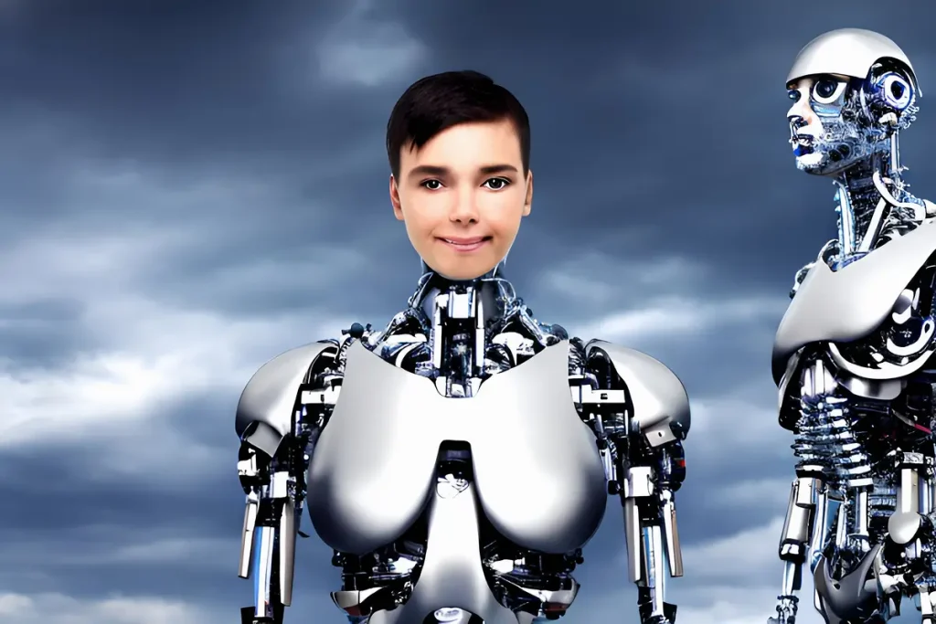 ein paar nebeneinander stehende roboter humanoide roboter weiblicher roboter halb roboter und halb frau weiblicher cyborg im rechenzentrum maennlicher android maschinen und futuri