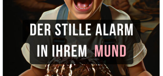 Ein Kind sitzt beim Frühstück und verschlingt begeistert ein großes Stück Schokoladenkuchen. Er greift dann nach einem zuckerfreien Kaugummi und kaut ihn, ein Lächeln zeigend, das seine zuckerbeladenen Zähne enthüllt.